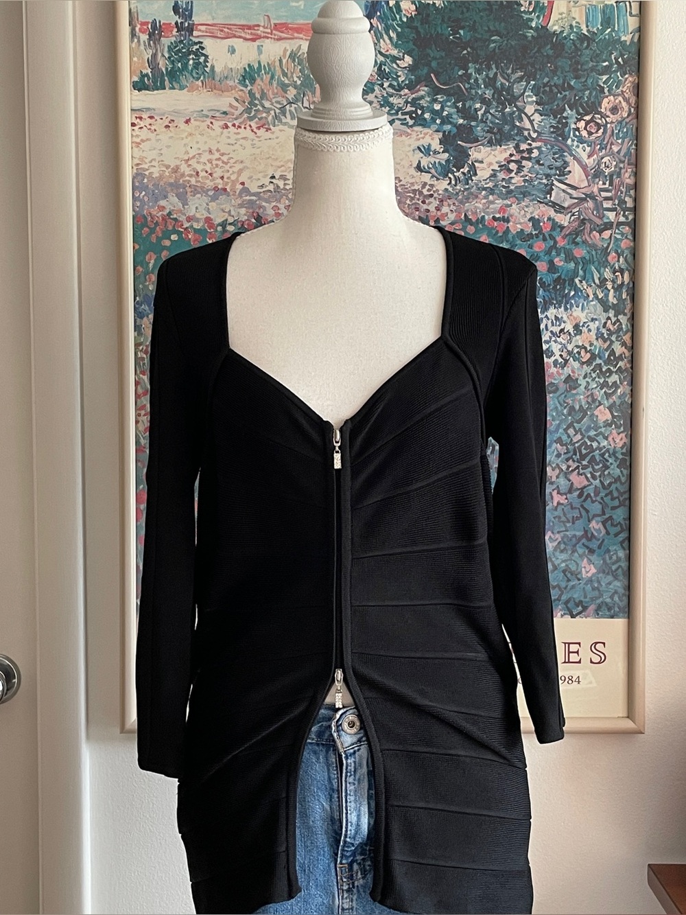 Caché Black Bandage Double Zip Up Top M Going Out Dark Feminine Minimalist Y2K